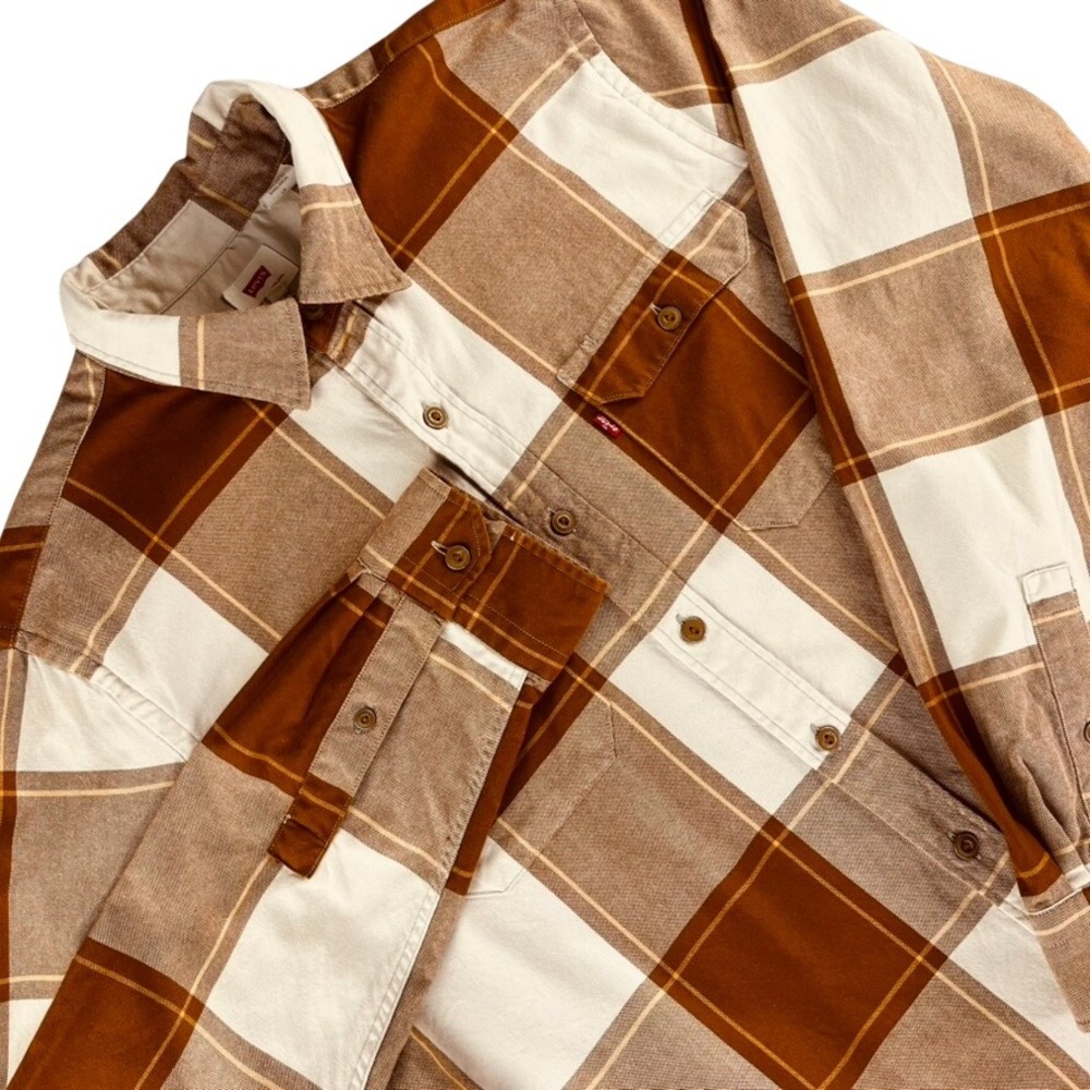 Levi's Plaid Flannel Shirt Mens Large Brown Cream Cotton Blend Button Up Pockets
